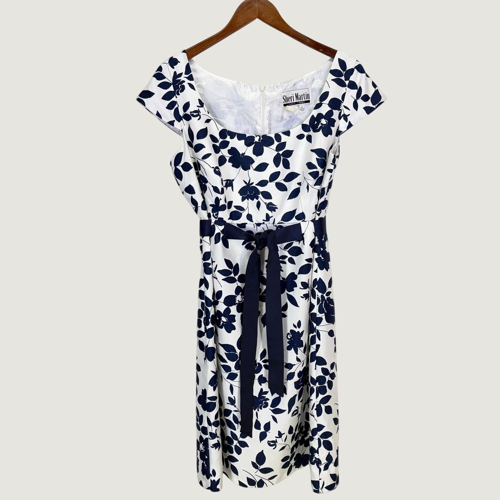 Sheri Martin Floral Sheath Dress Womens 12 White Navy Y2K 90's Vintage Classic